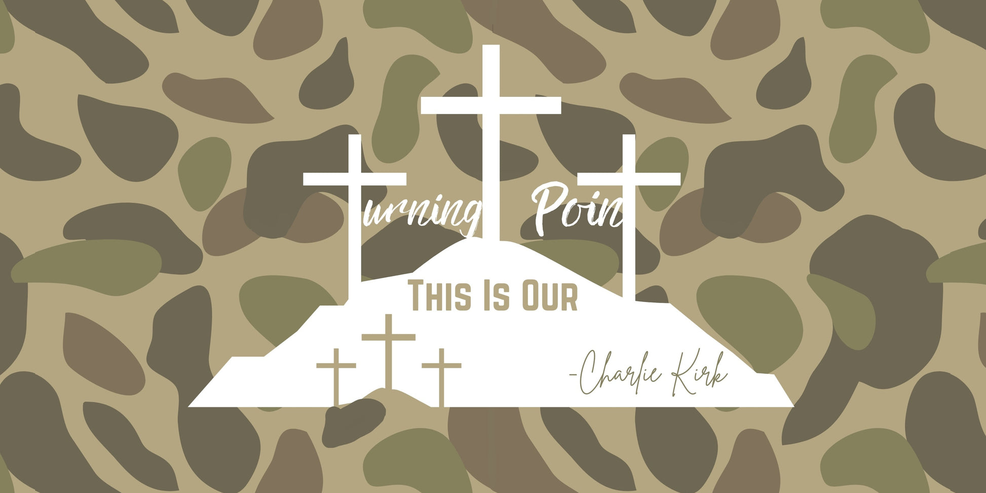 Camouflage patterned background with a white logo featuring crosses and text.