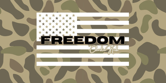 Camouflage pattern with a white 'Freedom' logo in the center
